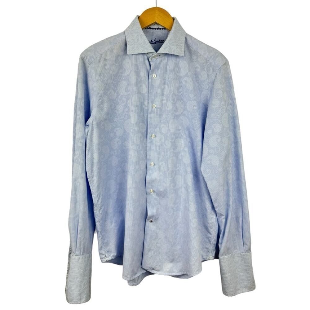 Robert Graham Mens 16 Flip Cuff Dress Shirt Button Down Light Blue Paisley M/L